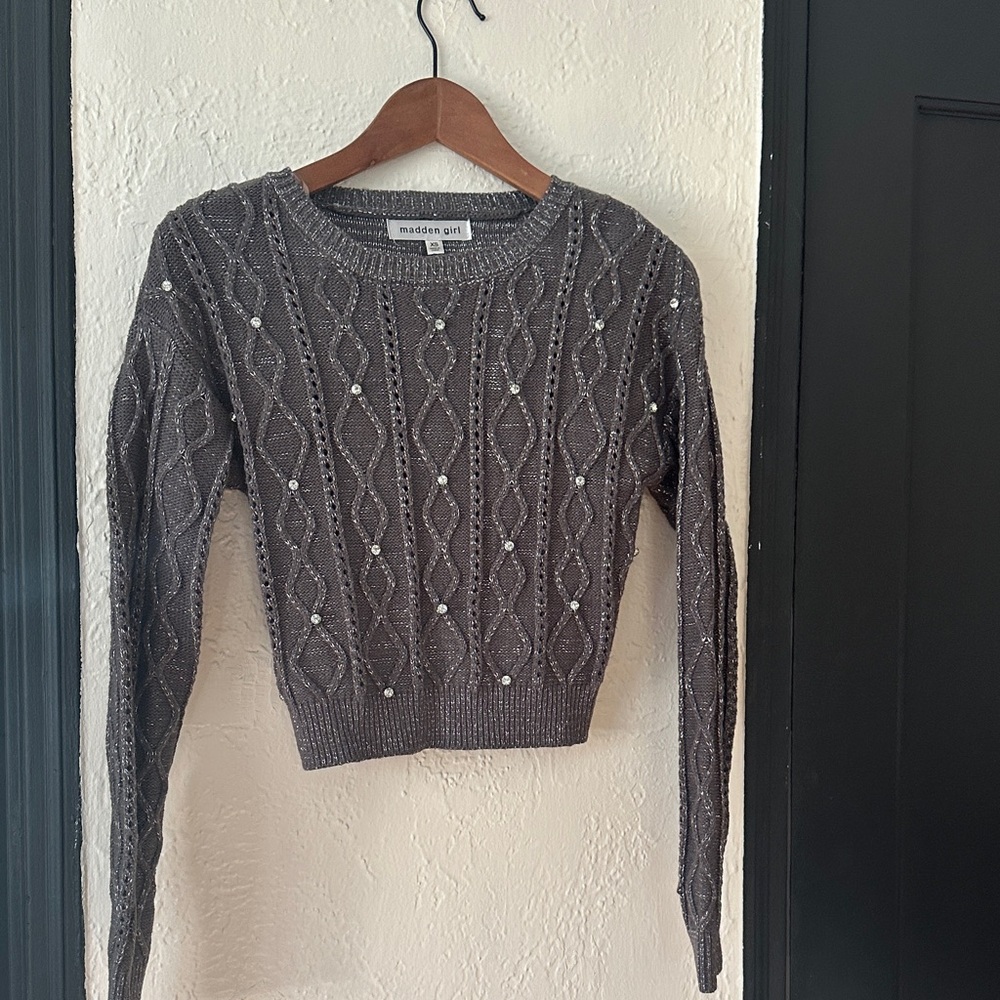 Madden Girl Charcoal Rhinestone Embellished  Cable Knit Sweater